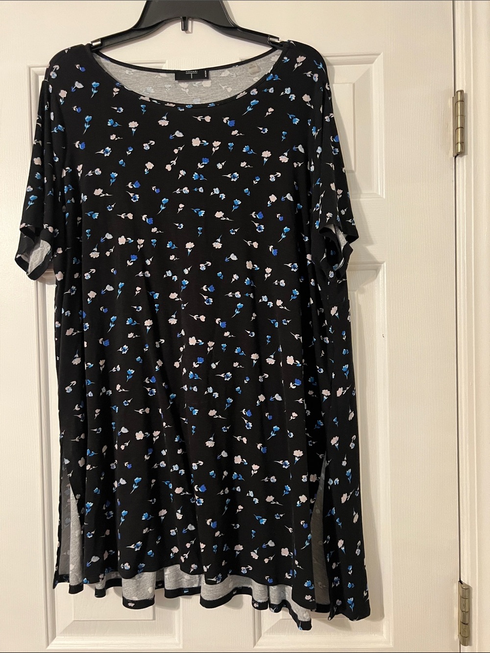 Tahari Black Floral Top with Blue & White Blossoms